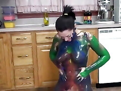 Horny bitch strips off underwear and gets messy on floor with figure paints