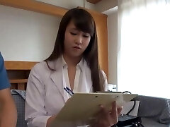 Clothed sex in missionary with a super-naughty Japanese nurse with innate tits