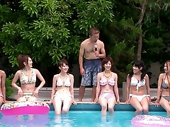 Weenie thirsty Japanese cuties take cocks in their mouths during a party