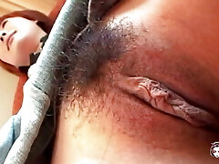 Sandy-haired asian Marina Igawa in maid costume gets her hairy pussy plumbed and cumshot in