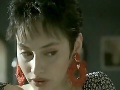 Delicious pale skin short haired brunette on the bed with her man