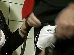 An old German lady gets her mouth coated in the bathroom