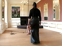 Hot domina makes men eat snatch and get fucked by string on