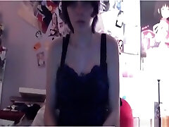 Emo girl masturbates upskirt with a hairbrush on her bed