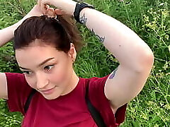 public outdoor fellatio with creampie from timid girl in the bushes - Olivia Moore