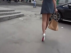 Upskirt in short Sundress, Stockings and High Heels