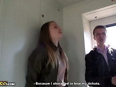 Russian brunette cutie tempts a man in the electric train