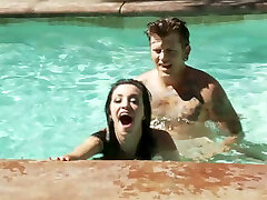 One thirsting stud is gonna ravage two dumpy raven haired ladies in pool