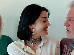 Young dark-haired has threesome with old men and she swallows cum