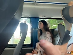 Risky public bus hand job with cum on russian honey's hand