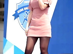 Korean show girl in black pantyhose and heels Trio