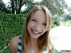 Outdoors video of small boobs Alyssa Branch pleasuring a fat man-meat