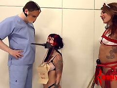 Tattooed dame in bondage enjoying her ass-fuck getting inserted with toys in BDSM hook-up