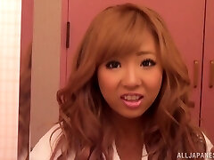 Magnificent redhead Asian with biug tits in thong gets snatch waxed