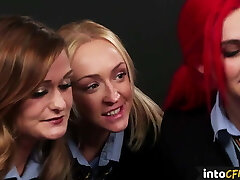 CFNM schoolgirls cocksucking a strapped up submissive