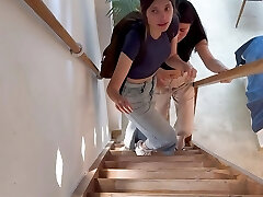 I discover my daughter-in-law and her pal fucking on the stairs
