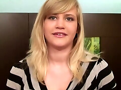 Cute blonde plumper is about to get fucked in front of the camera, for the first time