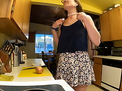 Longpussy, In the kitchen, Butt Buttplugs, Lots of Lube, Pierced Hot MILF, Short Skirt, Floppy Tits and some food prep.