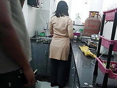The girl got prepared to go to school and was cooking while the neighbor boinked her.