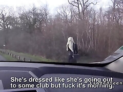 Blonde with red lips sucks cock in van