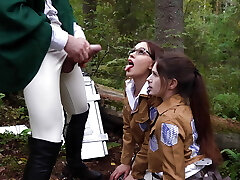 Onslaught on titan. Sloppy 3 way blowjob for commander in the forest
