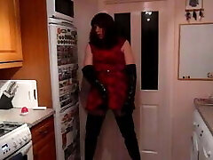 Fapping in a red dress and shiny thigh boots