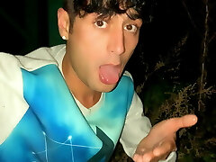 Twink is pushing out jism of his ass and tasting anal creampie outdoor