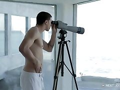 Perv peeps on his handsome neighbor and drains his long shaft