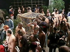 Busty black whore gets her pussy banged rock hard by many penises