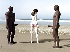 White girl gets blacked on the beach by 2 bbc fellows