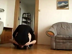 Towheaded MILF face farts her husband in black panties