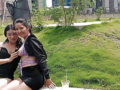 couple of stepsisters find themselves horny in an red bagls park and decide to have chayse evans table sex