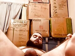 Locked fat piggy plays with his prostate