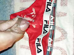 Cumshot on the red thong of a French girl at the campsite