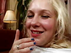 Nasty blonde leather camgirl doll roasted by several dudes before facial