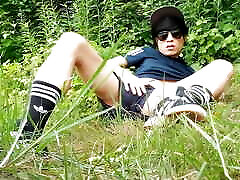 After getting caught outside, gay twink Jon Arteen sneaks off to stroke himself, pull out his cock and touch his penis, trying t