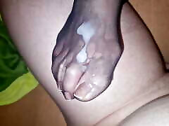 Semen on wife&039;s nylon feet - french pedicure
