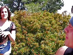 Horny blonde lets the guitarist stretch out her big butt outdoors before tasting his cum