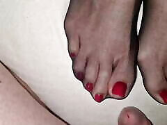 Cum on perfect wife&039;s black nylon feet - red polish pedicure Cum on perfect wife&039;s black nylon feet - red polish pedicure