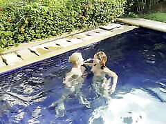 Pussy licking near the pool, hot brunette and blonde MILF steamy session and orgasm