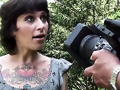Huge tattooed girl threesome pussy fucking in the park cum in mouth