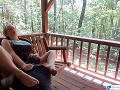 Outdoor Porch Swinging Blow Job and Pussy Licking with Ginger MILF Wife With Long Braided Hair