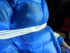 Sexy Pia Being Tied And Gagged With Ropes And A Cloth Gag On A Hairdressers Chair Wearing A Sexy Blue Shiny Nylon Rainpants And A Lightblue Downjacket Video
