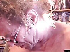 Happy man licks two wet MILF pussies