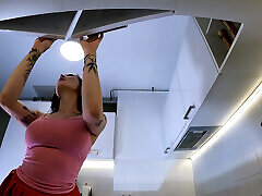 Hottest 7cm ling sexx tattooed cheerleader with over knee socks shows her see through panties in the kitchen