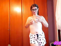 Cute shy nerdy teen performing striptease for you