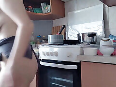 Sexy Naked Wife Preparing Food in the Kitchen. Hairy Brunette, Big Ass, Big Tits.