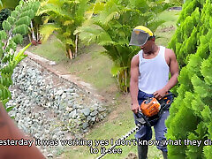 Ebony MILF Carla Morelli seduces her BBC gardener Rioc for a raw arbains btf sex fuck at the mansion