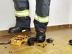 Firefighter stomping RC Car with Haix