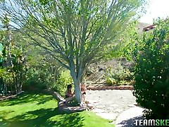 Lovely slim babe with small tits Kate wet and messy school uniform loves fucking mad during MFF